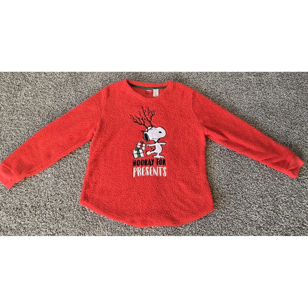 Peanuts‎ Christmas Sweater Snoopy Red Sherpa Fleece Womens XL Embroidered LS